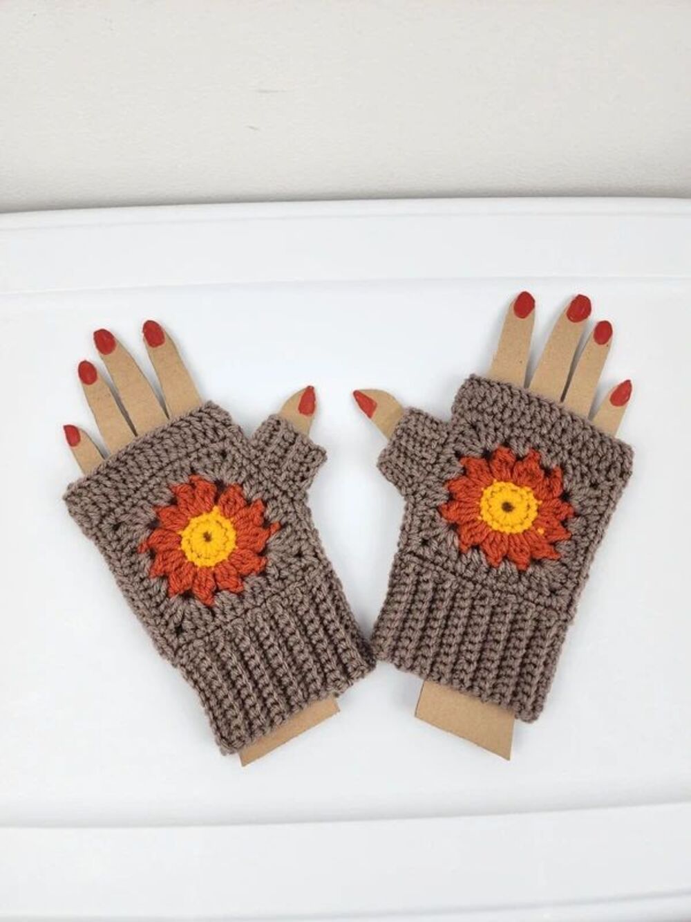 Brand New handmade brown crochet fingerless gloves orange yellow flower